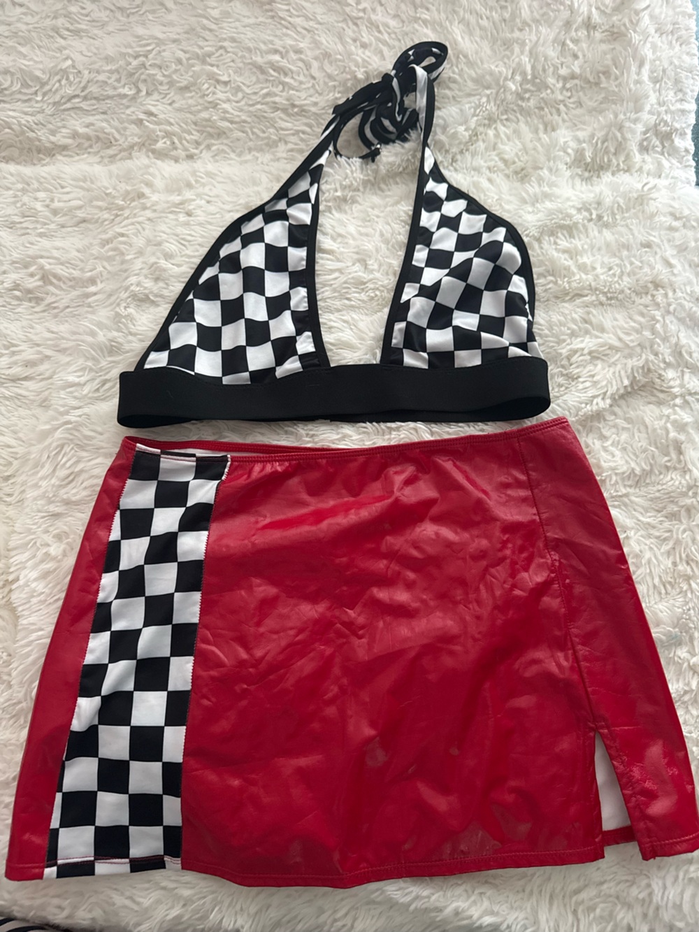 Red Vinyl Skirt with Black & White Checker Trim and Matching Bralette XS/S